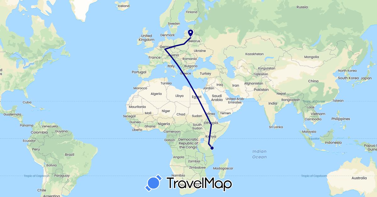 TravelMap itinerary: driving in Germany, Ethiopia, Lithuania, Poland, Tanzania (Africa, Europe)